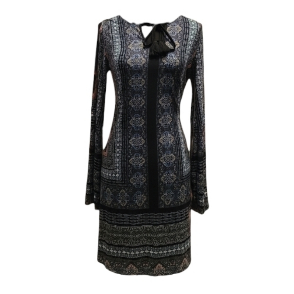 Cato Black/Blue/White/Pink Patterned Mini Length, Long Sleeve Dress Size Small!